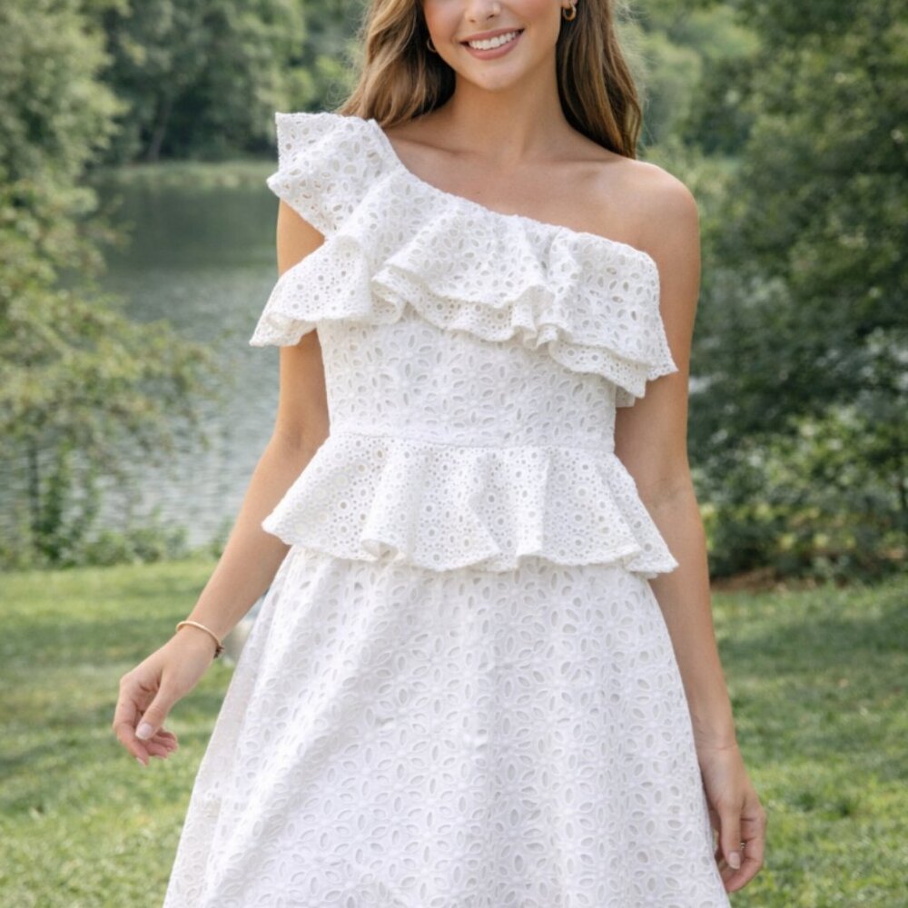 Lilly Pulitzer Josey White Eyelet One Shoulder Ruffle Peplum Dress Size 2